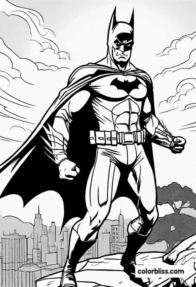 A coloring page of Batman Guarding Gotham City Coloring Page