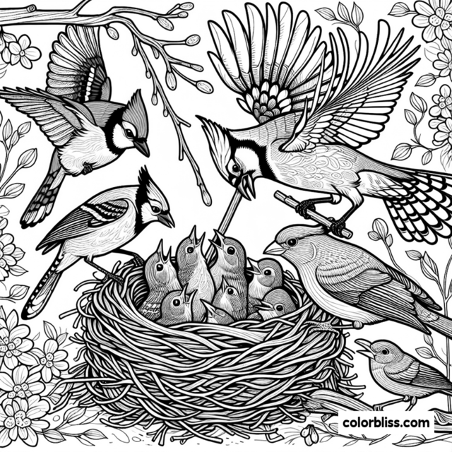 Blue Jays Feeding Their Chicks in Spring Coloring Page | ColorBliss