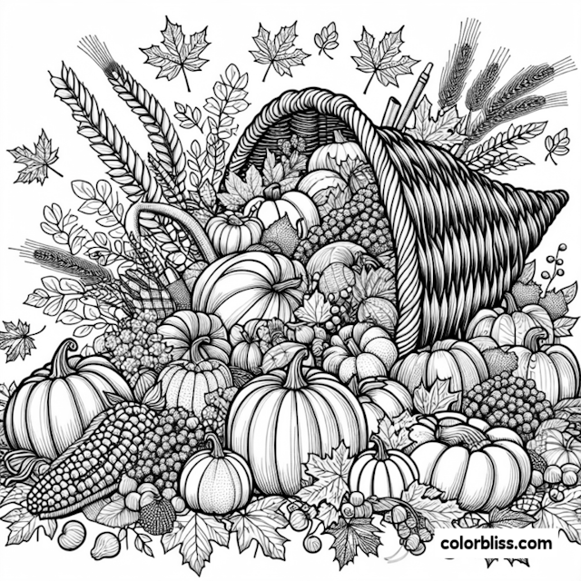 A coloring page of Bountiful Harvest Cornucopia Coloring Page