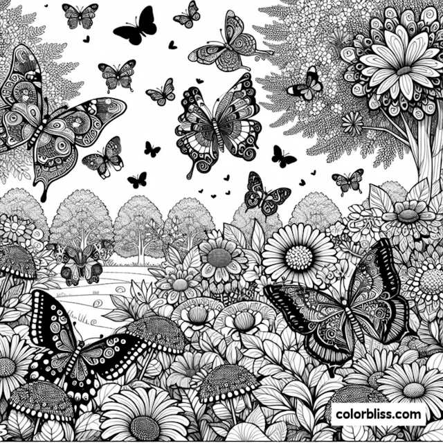 A coloring page of Butterfly Garden Coloring Page