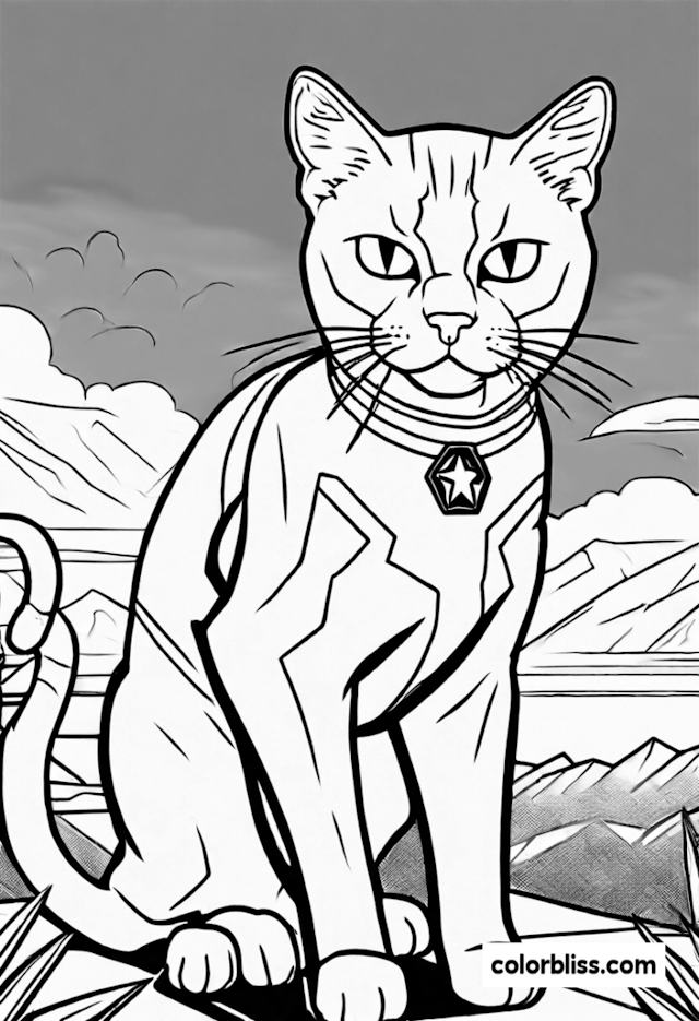 A coloring page of Superhero Cat Marvel Coloring Page