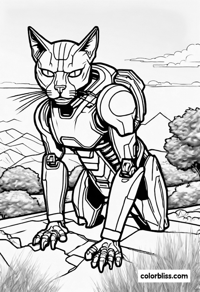 A coloring page of Cybercat on a Scenic Mountain Adventure