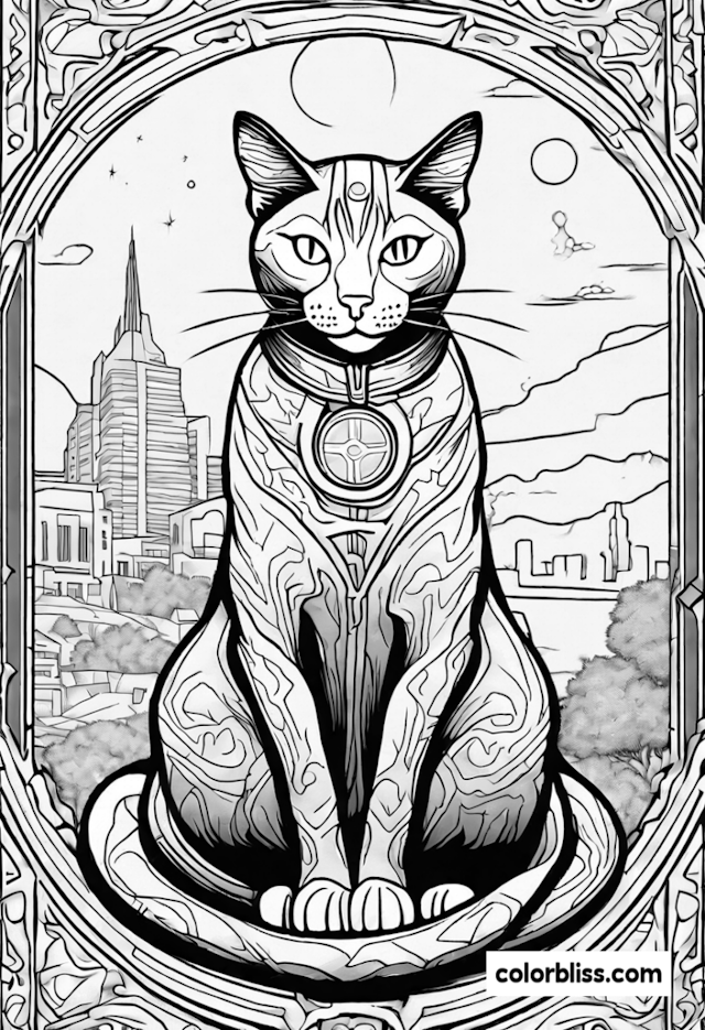 A coloring page of Stained Glass Feline in Urban Setting