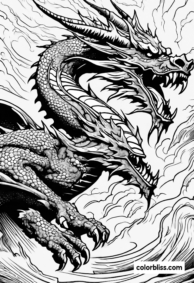 Fierce Dragon in the Storm Coloring Page