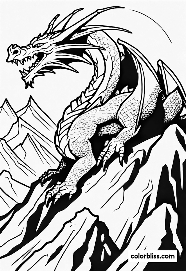 Dragon on the Mountain Peak Coloring Page