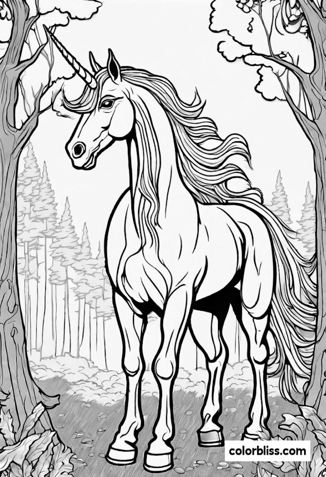 A coloring page of Majestic Unicorn in Enchanted Forest