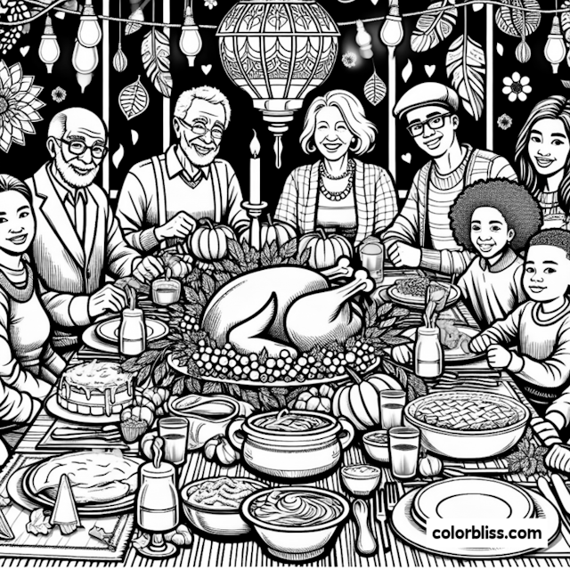 A coloring page of Family Gathering for Thanksgiving Dinner