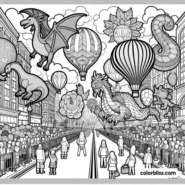 A coloring page of Fantasy Parade with Dragons and Balloons