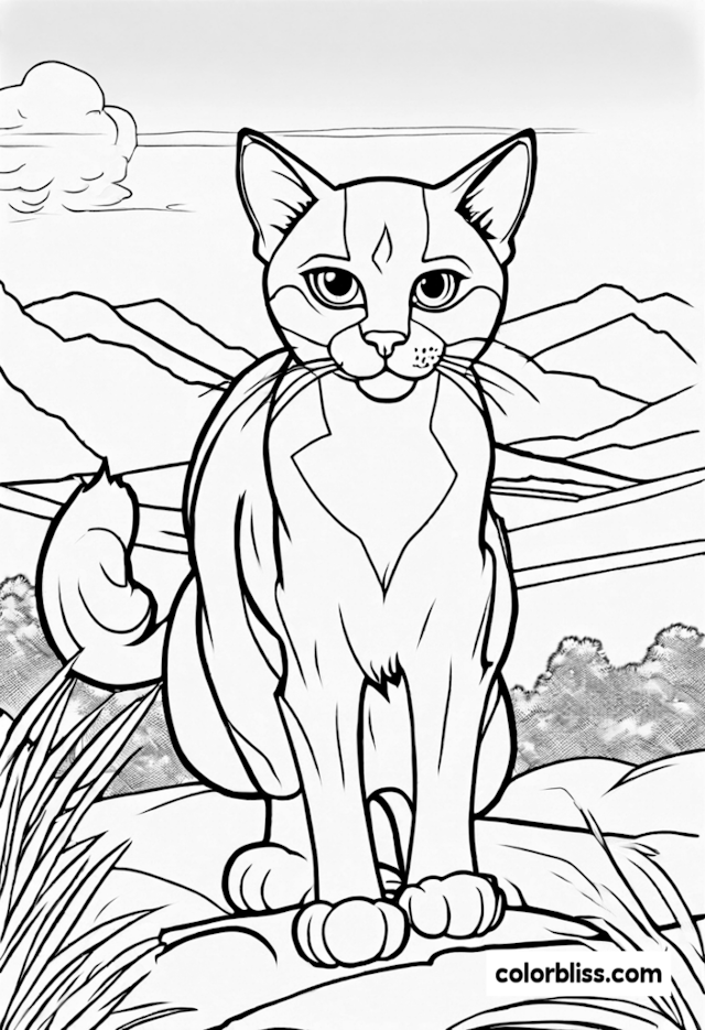 A coloring page of Sitting Cat in the Mountains Coloring Page