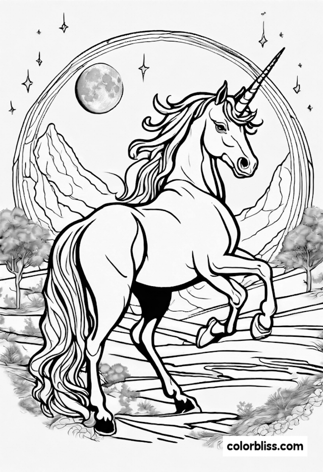 A coloring page of Unicorn’s Moonlit Valley Adventure