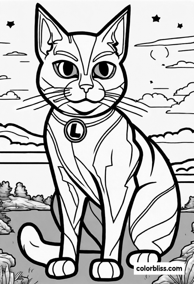 A coloring page of Luna the Cat in a Scenic Landscape