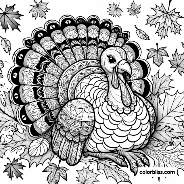 A coloring page of Intricate Thanksgiving Turkey with Fall Leaves