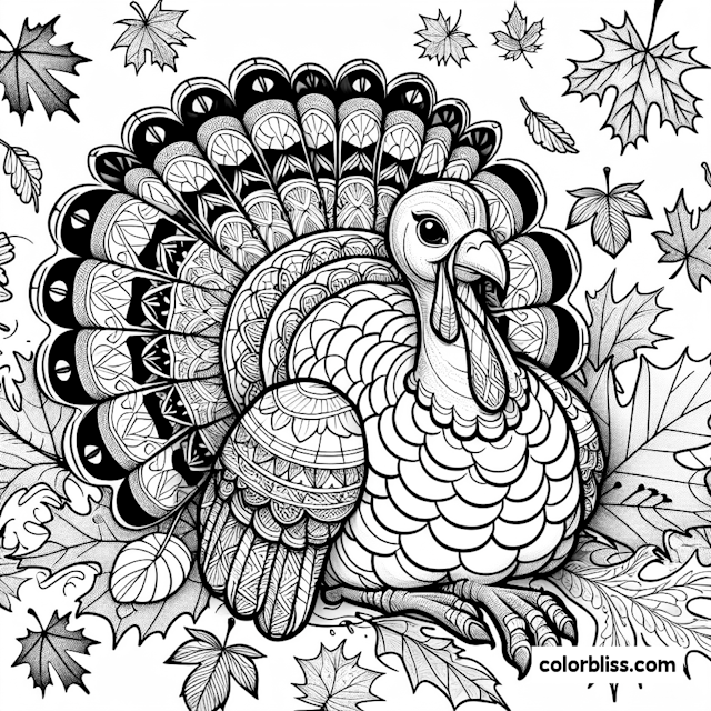 Intricate Thanksgiving Turkey with Fall Leaves