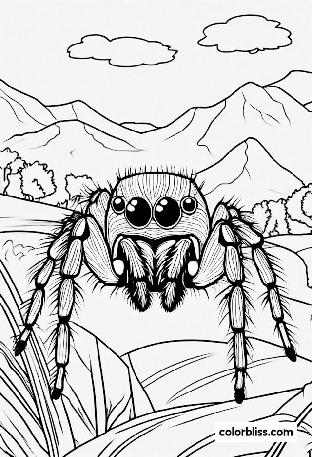 Spider Crawling in Front of Mountains Coloring Page