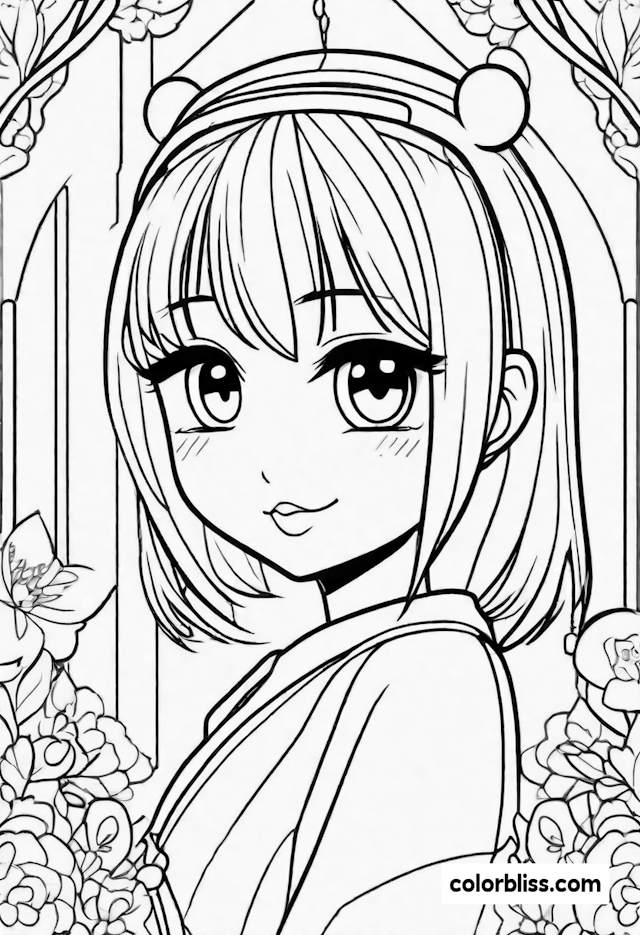 Anime Girl in a Flower Garden Coloring Page