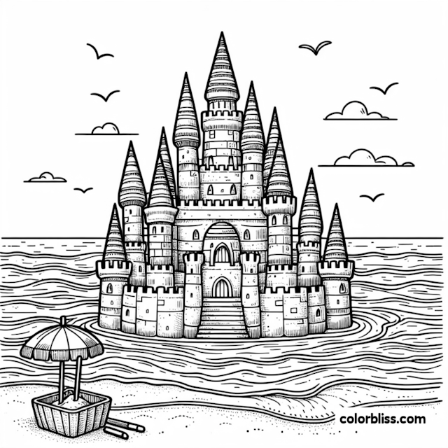 A coloring page of Majestic Sandcastle by the Sea