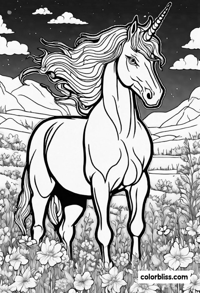 A coloring page of Starlight the Unicorn in Enchanted Meadow