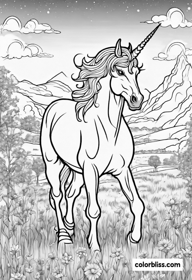 A coloring page of Unicorn Adventure in a Magical Meadow