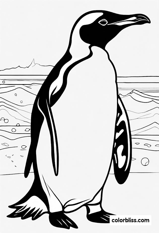 Penguin by the Shore Coloring Page