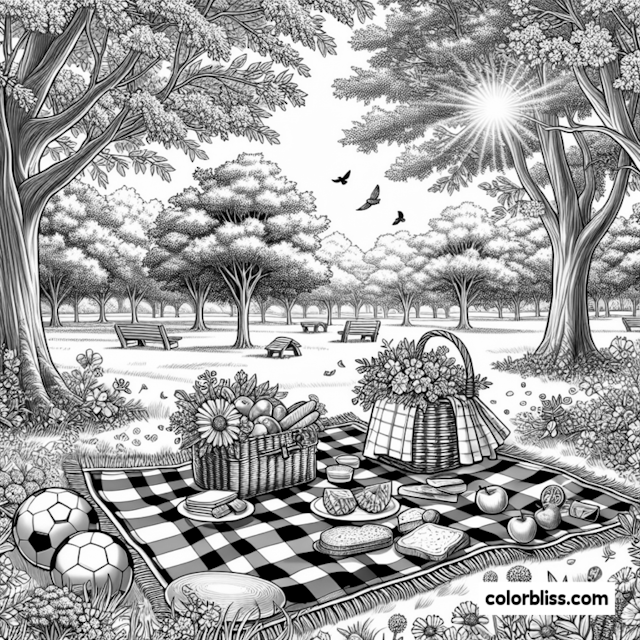 A coloring page of Picnic in the Sunny Park