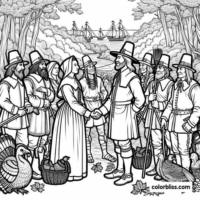 A coloring page of Pilgrims Welcoming Thanksgiving Traditions