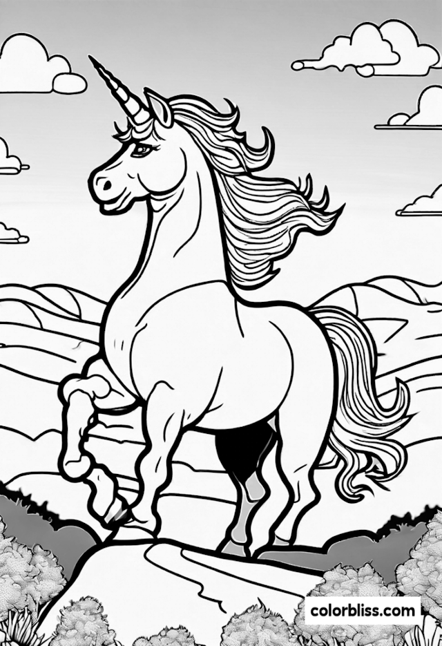 A coloring page of Majestic Unicorn in an Enchanted Meadow