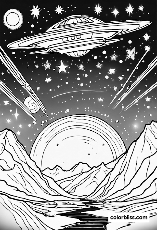 UFO Adventure in a Starry Mountain Landscape