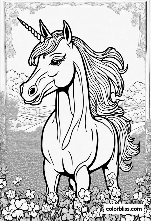 A coloring page of Magical Unicorn in Enchanted Meadow Coloring Page