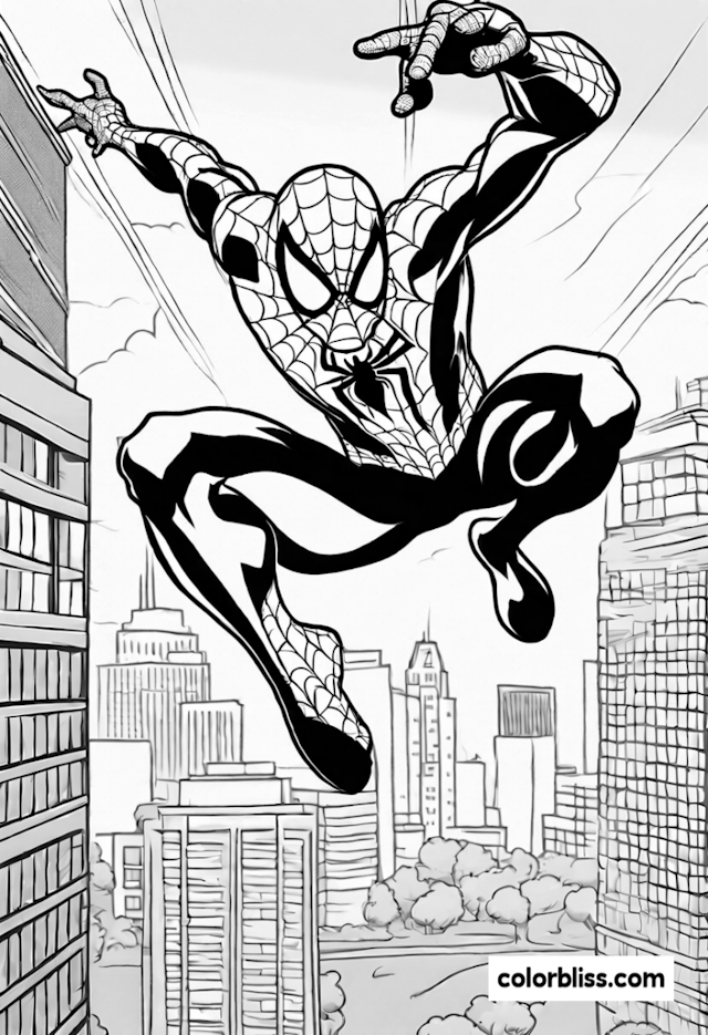 A coloring page of Spiderman in Pursuit