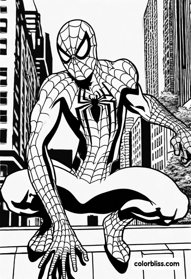Spider-Man Ready for Action in the City Coloring Page | ColorBliss