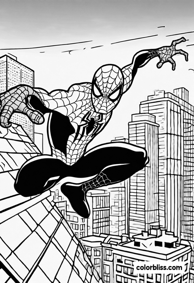 Spider-Man Web-Slinging Over City Rooftops Coloring Page | ColorBliss