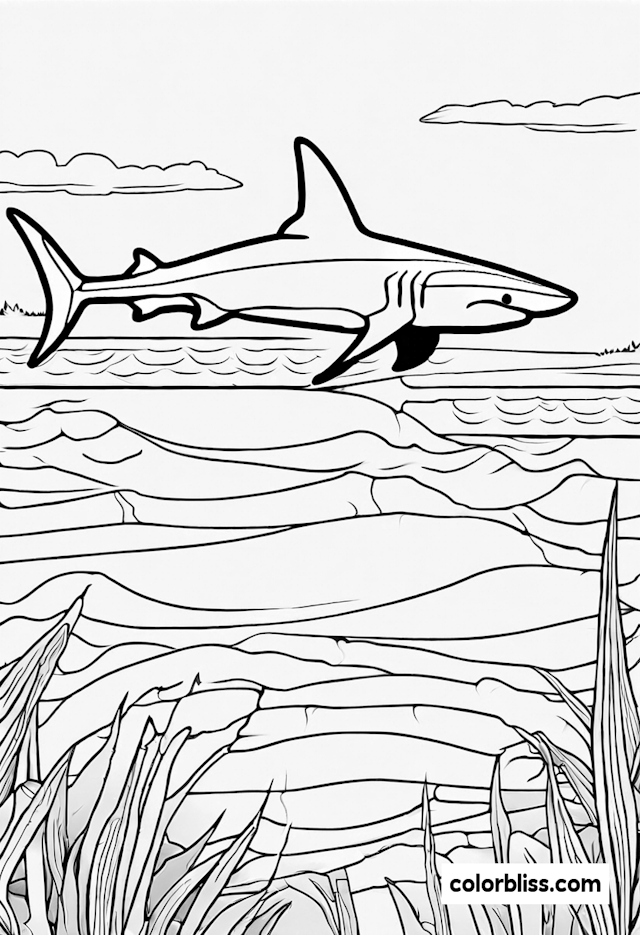 Shark in the Ocean Scene Coloring Page