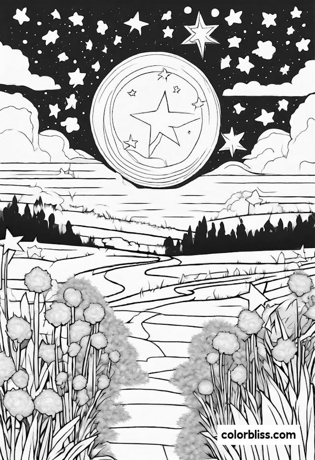 Starry Night Landscape Coloring Page