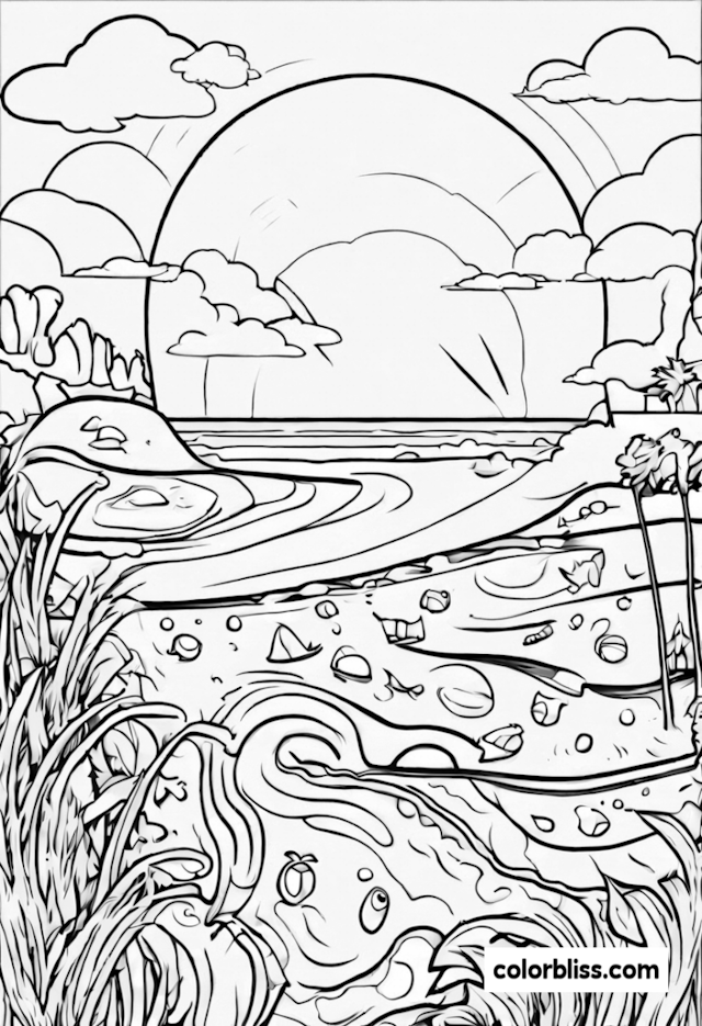 A coloring page of Beachside Bliss: Color the Sunrise Journey