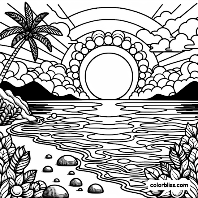 A coloring page of Sunrise at the Tropical Beach Coloring Page