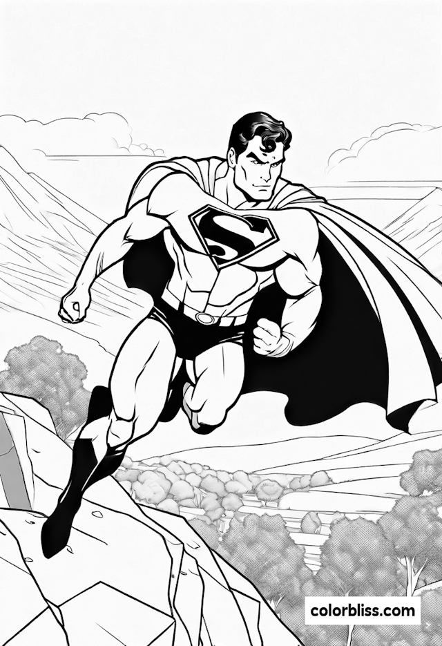 Superman Soars Over the Landscape Coloring Page