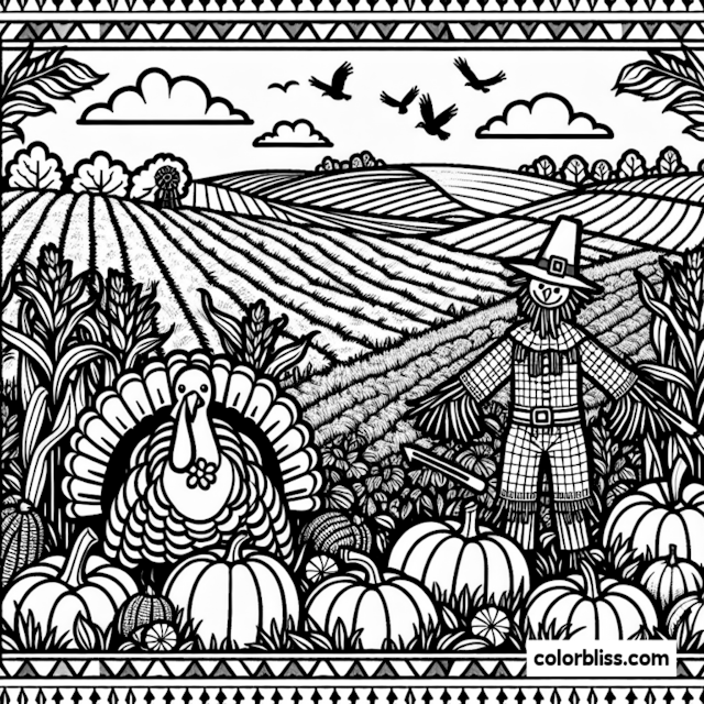 A coloring page of Thanksgiving Harvest with Scarecrow and Turkey