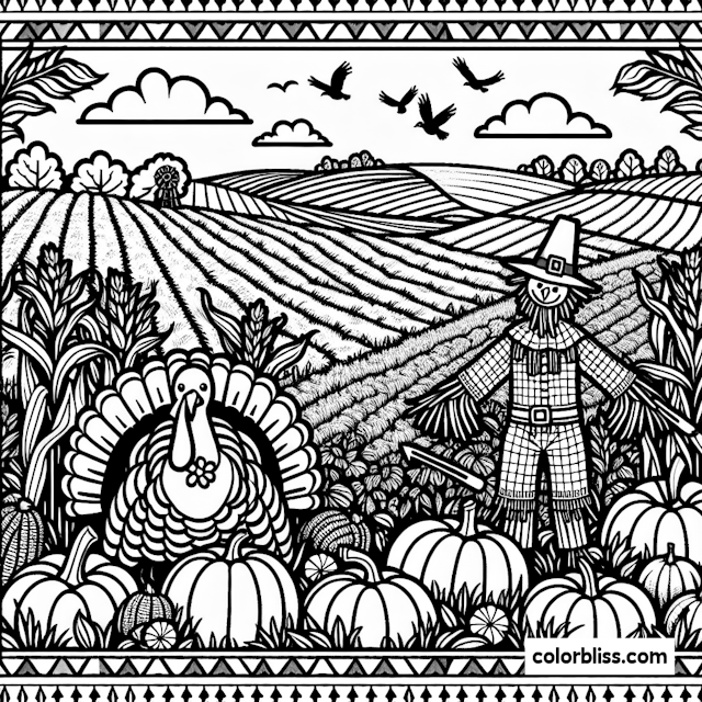 Thanksgiving Harvest with Scarecrow and Turkey