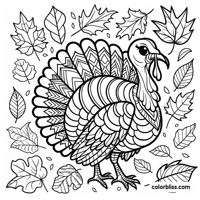 Thanksgiving Turkey and Autumn Leaves Coloring Page