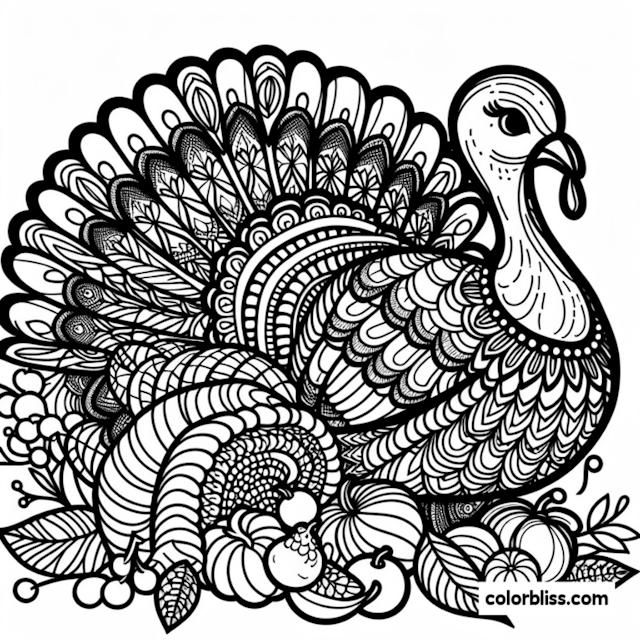 A coloring page of Thanksgiving Turkey and Harvest Scene