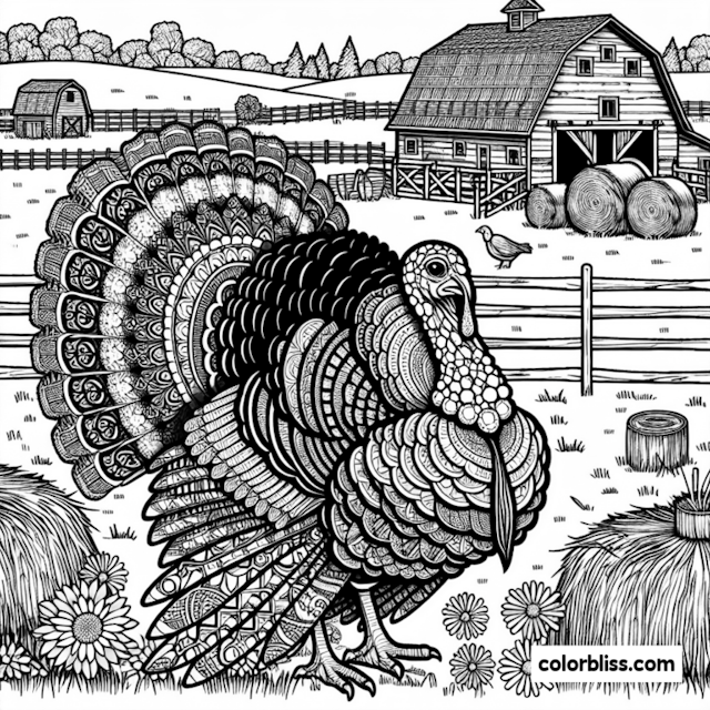 A coloring page of Thanksgiving Turkey on the Farm