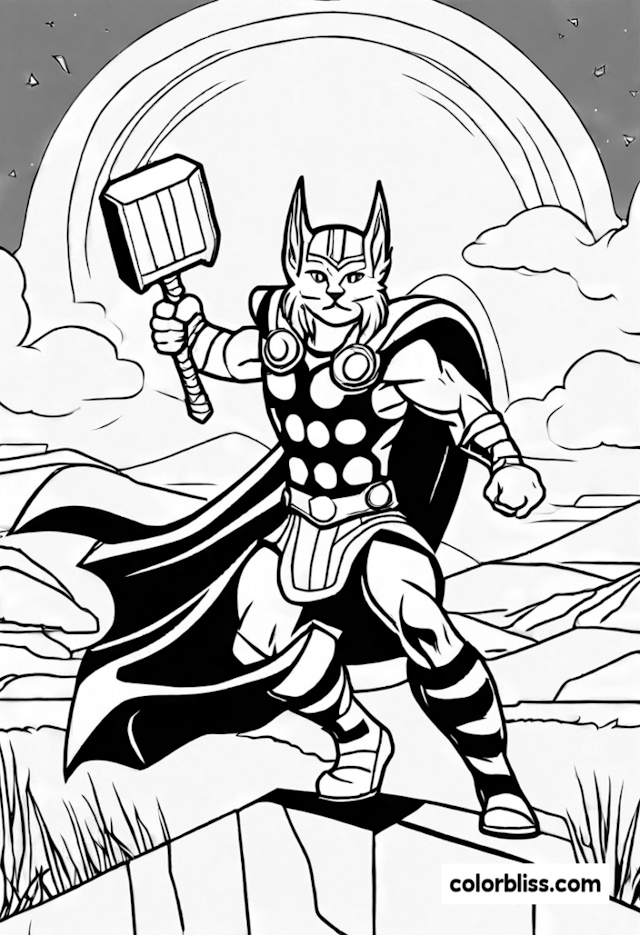 A coloring page of Feline Hero Wielding the Hammer