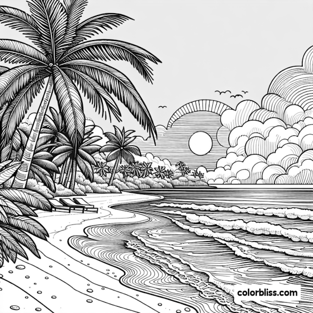 A coloring page of Tropical Beach Paradise Coloring Page