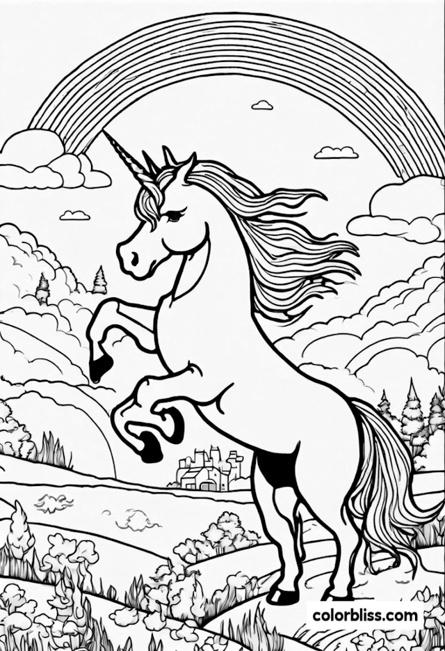 A coloring page of Majestic Unicorn Under the Rainbow