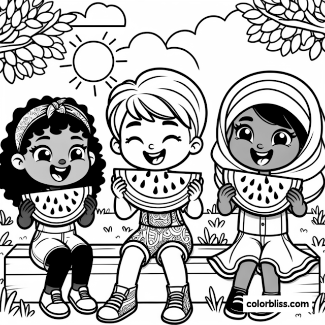 A coloring page of Watermelon Picnic with Friends