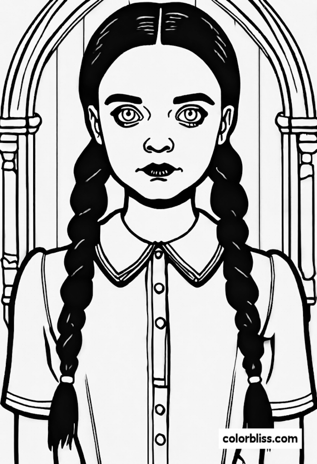 A coloring page of Wednesday Addams at the Arched Window Coloring Page