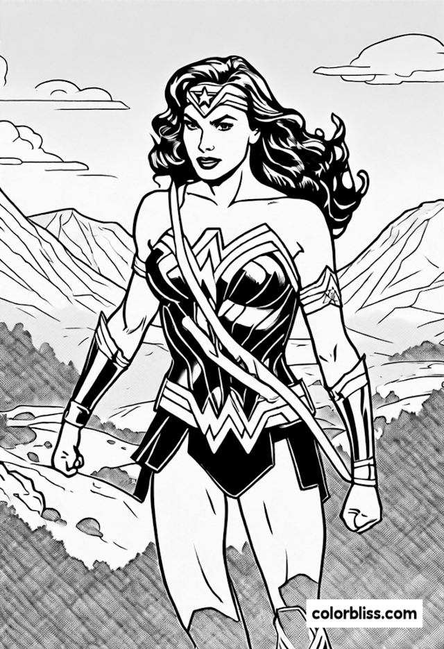 A coloring page of Wonder Woman in the Mountains Coloring Page