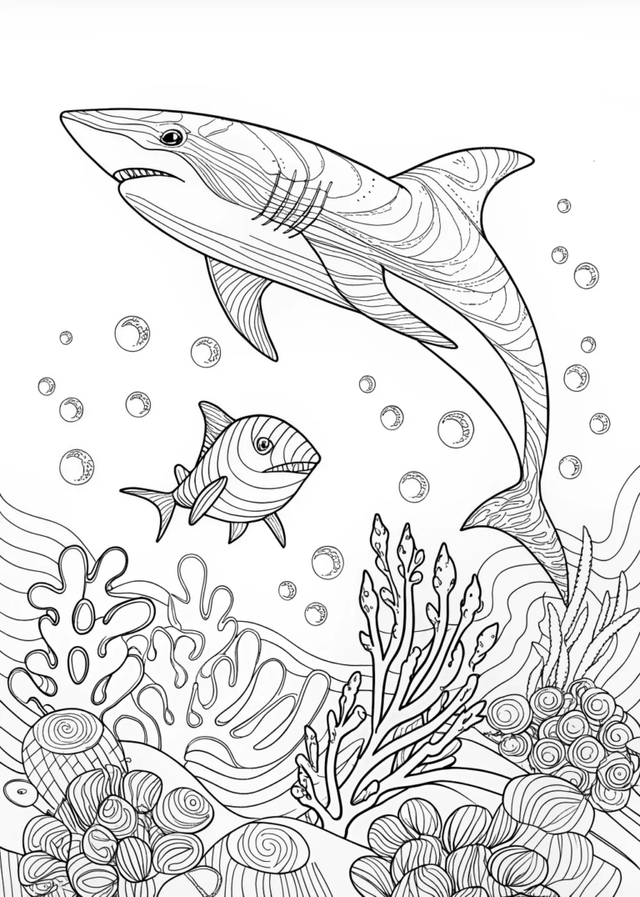 Underwater Adventure with Sharks and Dolphins Coloring Page 
