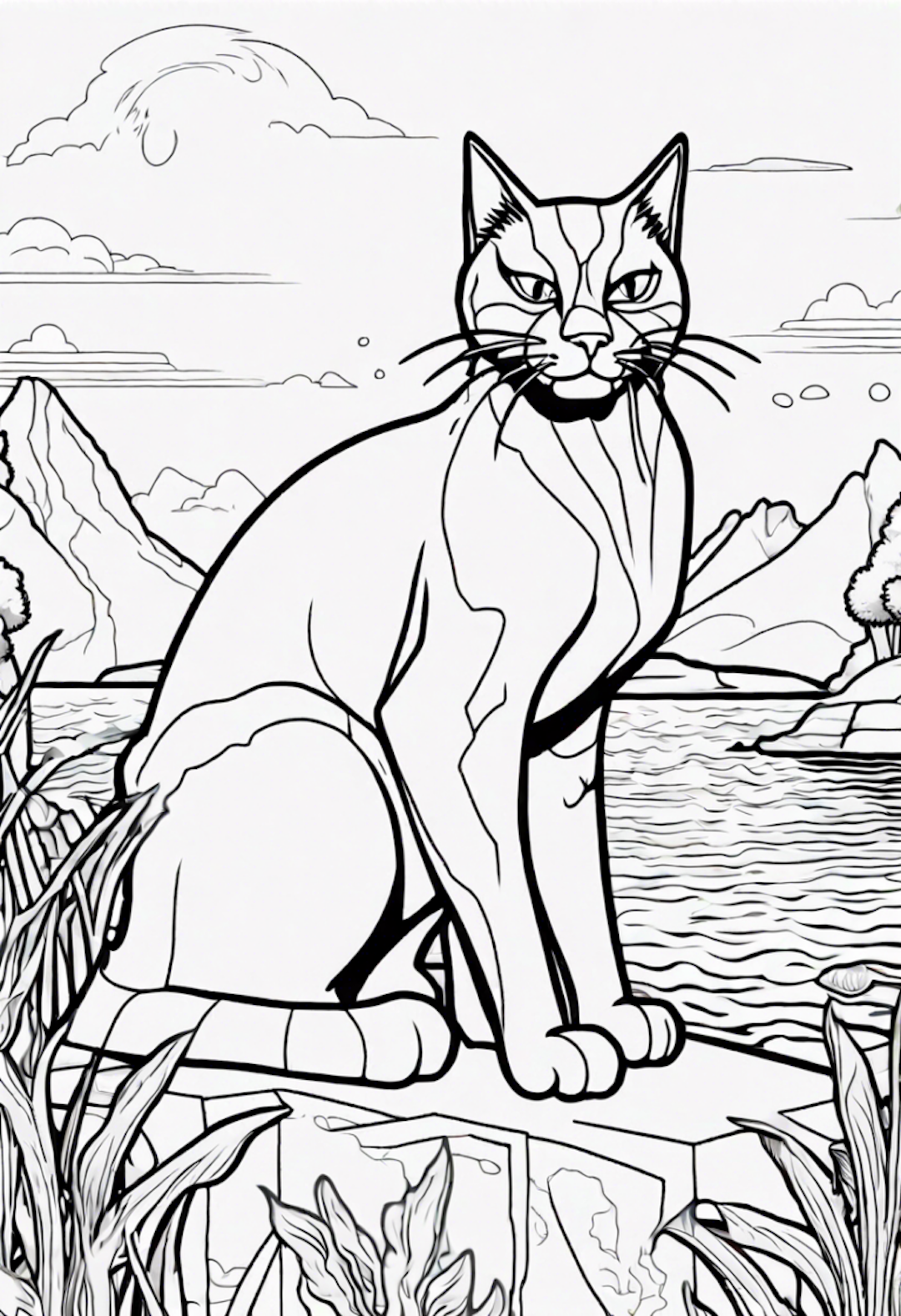 Regal Cat by the Serene Lake coloring pages