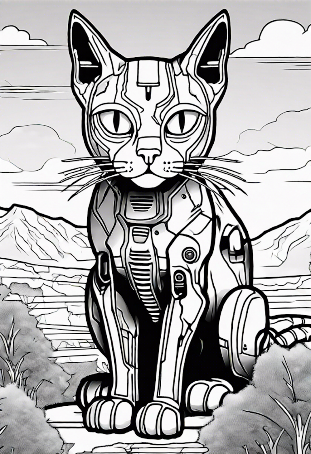 Cyber Cat in a Futuristic Landscape coloring pages